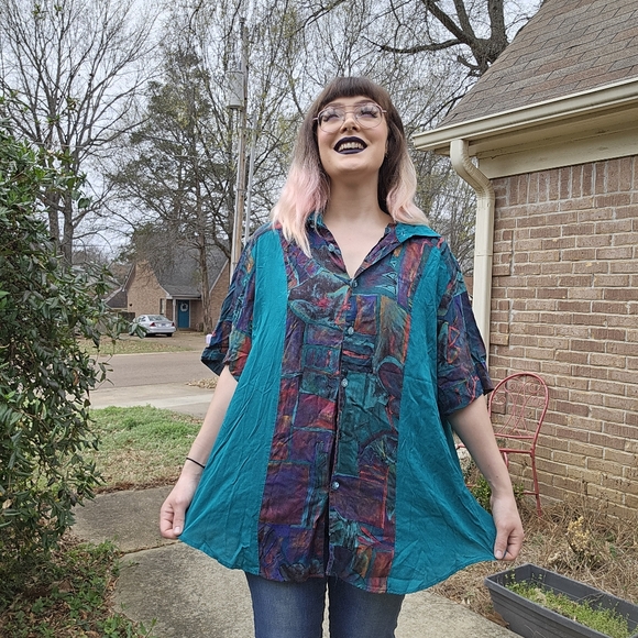 90's Vintage Dena Lauren Teal Button Up Collared Funky Shirt - Picture 10 of 10